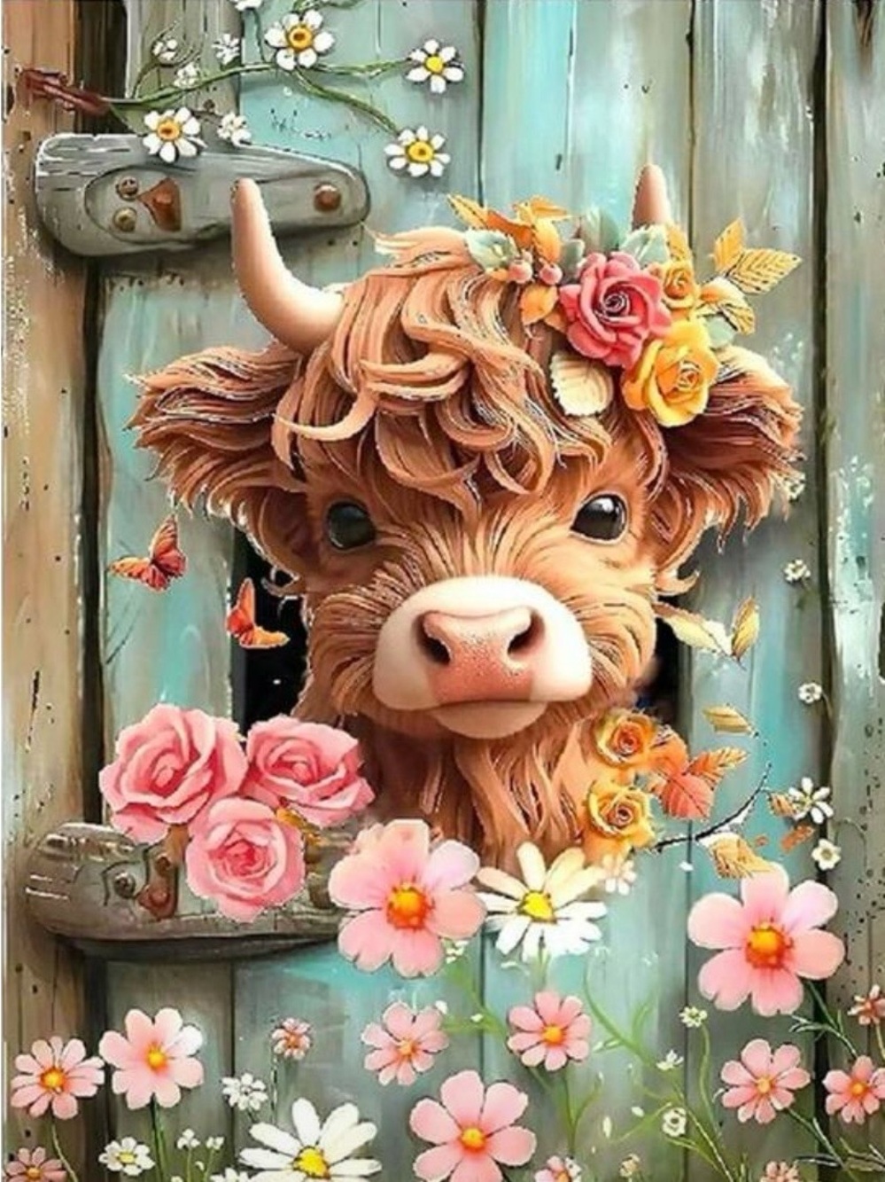 Diamond Art Kit 12x16 Floral Highland Cow Wall Art Print - Peach and Pink